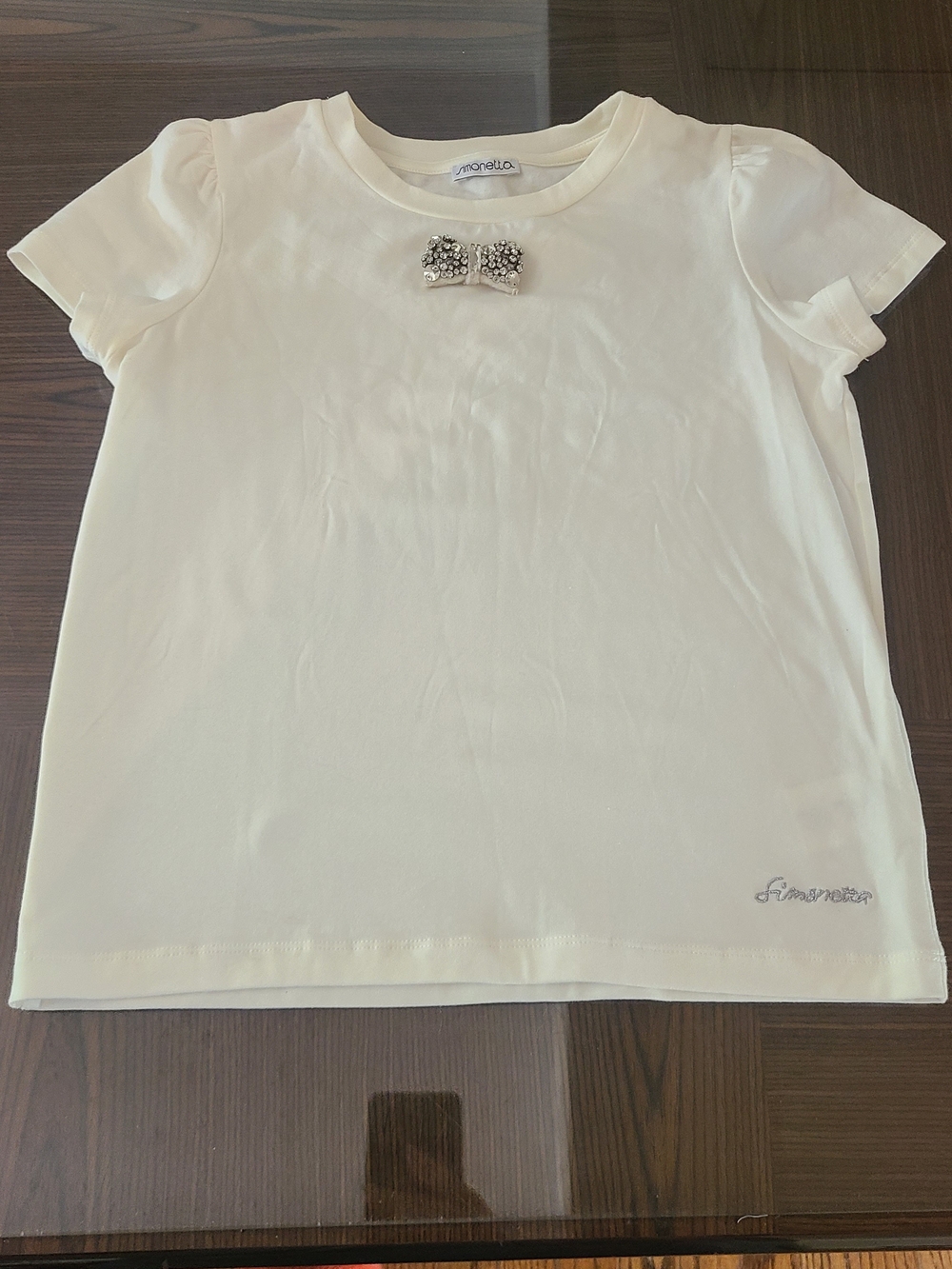 Girls Simonetta White Embellished Rhinestone Bow Tee Size 8 Worn Once